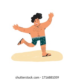 Fun hand drawn young happy smiling guy in polka dot swim briefs and shark tooth necklace running on the sand with his hands up. Flat vector illustration on isolated background.