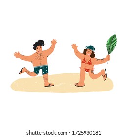 Fun hand drawn young happy smiling guy in polka dot swim briefs and shark tooth necklace and his wife with tattoos in red bikini swimsuit run towards each other on the sand with his hands up.