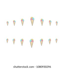 Fun hand drown ice cream cone pattern. Vector ice cream horn iterative pattern isolated on white backdrop. Waffle dessert icon ornament in pink, cyan and orange colors for fashion print.