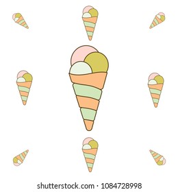 Fun hand drown ice cream cone element. Vector ice cream horn symbols isolated on white background.  Waffle dessert icon ornament in pink, blue and prange colors for fashion cloth print.