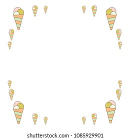 Fun hand drown ice cream cone frame.  Vector ice cream horn border isolated on white background. Waffle dessert frame in orange, pink and green colors for fashion illustration bezel print.