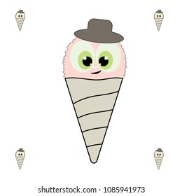 Fun hand drown ice cream cone element. Vector ice cream horn symbols isolated on white backdrop.  Waffle dessert icon ornament in pink, gray and beige colors for fashion textile print.
