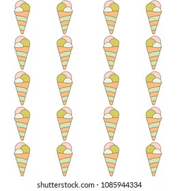 Fun hand drown ice cream cone pattern. Vector ice cream horn iterative pattern isolated on white background. Waffle dessert icon ornament in orange, pink and green colors for fashion print.