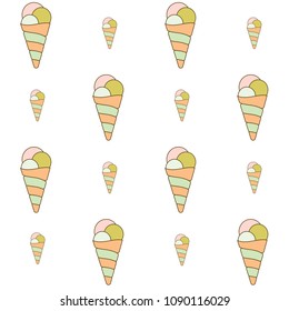 Fun hand drown ice cream cone pattern. Vector ice cream horn iterative pattern isolated on white background. Waffle dessert icon ornament in green, orange and beige colors for brochure print.