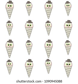 Fun hand drown ice cream cone pattern. Vector ice cream horn iterative pattern isolated on white background. Waffle dessert icon ornament in yellow, pink and blue colors paper print.