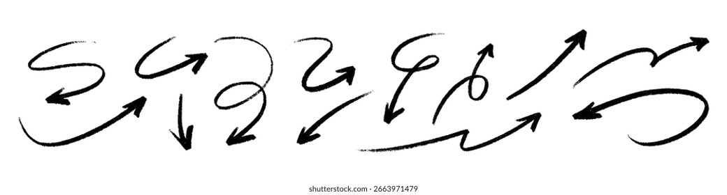 Fun hand-drawn arrow with playful crayon strokes and color. Flat vector illustration isolated on white background.