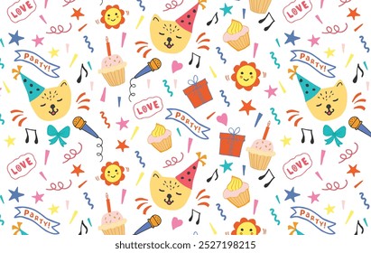 Un divertido fondo dibujado a mano para una fiesta con gatos, pasteles, cajas de regalo, globos y karaoke. Patrón sin costuras es ideal para fiestas de cumpleaños, textiles, Anuncios, Fondos de pantalla, embalaje - diseño de Vector