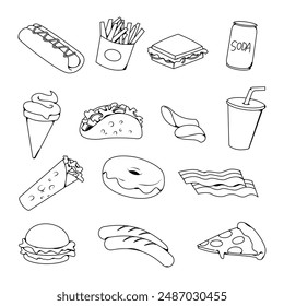 Fun hand-drawn doodle collection of fast food items: hot dog, sandwich, french fries, donuts, chips, bacon, soda, sausage, taco, ice cream, and hamburger. Perfect for menus, posters, and marketing