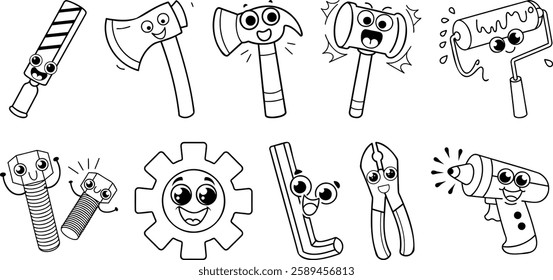 Fun hand-drawn doodles of various tools, including hammers, screws, and drills, with cute expressions