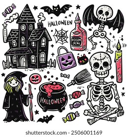 A fun hand-drawn Halloween doodle set featuring a witch, skeleton, haunted house, and cauldron, all with Offset effect, perfect for festive Halloween designs. Each on a separate layer, can be removed 