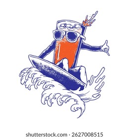 Fun hand-drawn illustration of a glass of orange juice wearing sunglasses and surfing. Summer-themed, tropical cartoon beverage character with vibrant personality.
