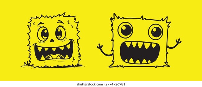 A fun hand-drawn illustration of two quirky yellow square monsters with big eyes and wide toothy grins, set against a bright yellow background.