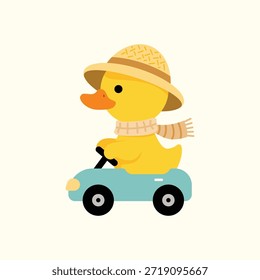 Um divertido vetor desenhado à mão de um pato amarelo dirigindo um pequeno carro azul, vestindo um chapéu de palha e cachecol listrado. Ideal para decoração infantil, camisetas infantis e artigos de papelaria para bebês