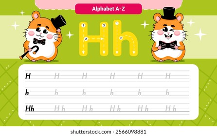 Fun handwriting practice worksheet featuring the letter H and a cute hamster, perfect for preschool learning activities