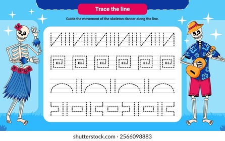 Fun handwriting practice worksheet featuring tracing the lines activity and a cute skeleton dancer, perfect for preschool learning activities