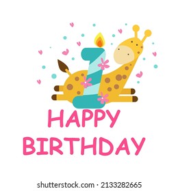 Fun happy birthday card vector illustration with cute character.
