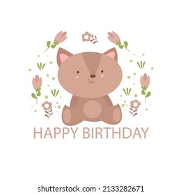 Fun happy birthday card vector illustration with cute character.