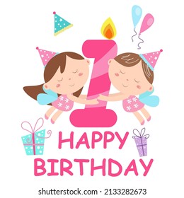 Fun happy birthday card vector illustration with cute character.