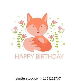 Fun happy birthday card vector illustration with cute character.