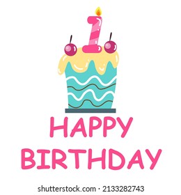 Fun happy birthday card vector illustration with cute character.