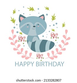 Fun happy birthday card vector illustration with cute character.