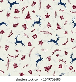 Fun and happy christmas seamless pattern with jumping deers and christmas decoration, hand drawn and creative, great for wrapping, textiles, banners, wallpapers - vector design