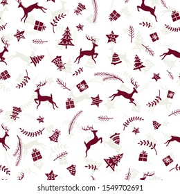 Fun and happy christmas seamless pattern with jumping deers and christmas decoration, hand drawn and creative, great for wrapping, textiles, banners, wallpapers - vector design