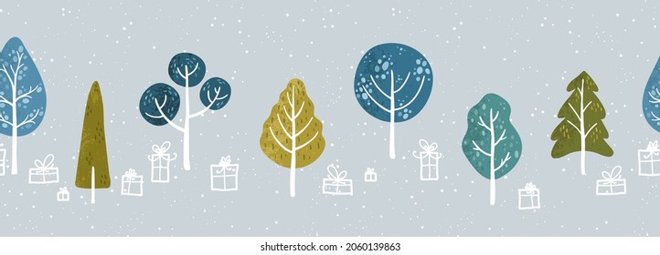 fun, happy, doodle, hand, drawn, drawing, wrapping paper, landscape, snowflakes, fabric, snow, december, illustration, branch, festive, xmas, spruce, cute, pine, present, box, gift, merry, decoration,