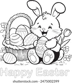 Fun Happy Easter coloring book illustration featuring playful bunnies, decorated eggs, and cheerful spring scenes. Perfect for creative kids activities and festive celebrations