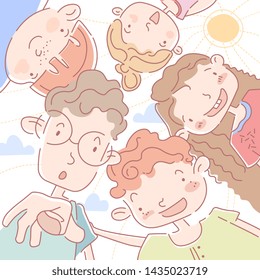 Fun happy faces of a group of smiling cartoon kids or children standing in a circle looking down and pointing in pastel muted colors in square format