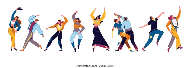 Fun happy people action. Diverse young and adult characters in active poses, dance entertainment man, woman and couple. Music party. Modern casual clothes. Vector cartoon flat set