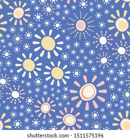 Fun and happy sunshine seamless repeat design. Hand drawn vector design of weather and sky.
