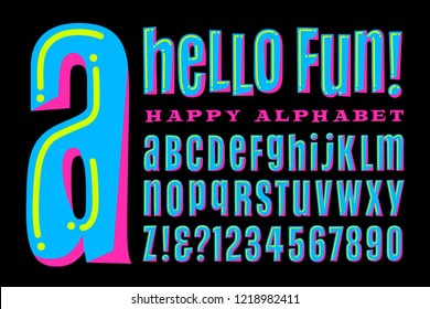 A fun, happy, and whimsical alphabet in bright colors. Hello Fun is a condensed sans serif font with mixed capital and lowercase letterforms for a crazy, silly vibe. Great for parties or birthdays.