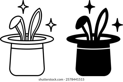 Fun Hat Icons. Black and White Vector Icons. Trick, Joke for the Holiday. Rabbit in the Hat. Brazilian Carnival Concept