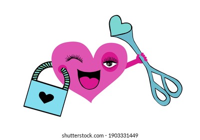 personaje de corazón divertido con candado y llave, símbolo de amor, vacaciones valentinas, ilustración vectorial