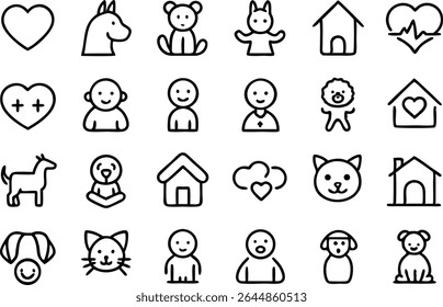 Fun and heartwarming collection of outline icons illustrating child and pet related themes perfect for educational content pet care websites and family focused design