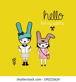 Fun Hello Bunny Sisters Quirky Postcard Illustration Cover Design With Rabbit Hipster Characters In Vector