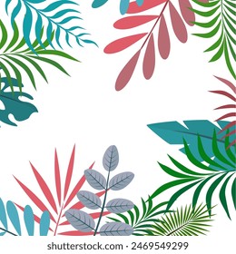 
Fun Hello Summer concept design, abstract illustration with jungle exotic leaves, colorful design, white background and summer banner.