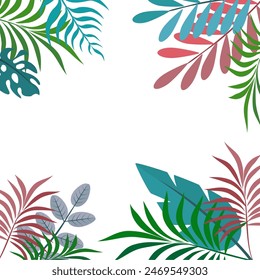 
Fun Hello Summer concept design, abstract illustration with jungle exotic leaves, colorful design, white background and summer banner.