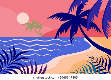 
Fun Hello Summer concept design, abstract illustration with jungle exotic leaves, colorful design, white background and summer banner.