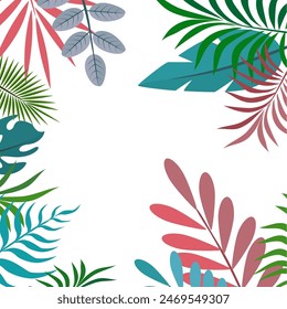 
Fun Hello Summer concept design, abstract illustration with jungle exotic leaves, colorful design, white background and summer banner.