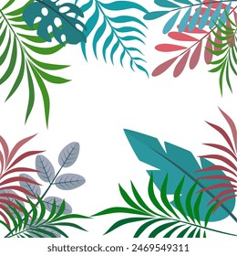 
Fun Hello Summer concept design, abstract illustration with jungle exotic leaves, colorful design, white background and summer banner.