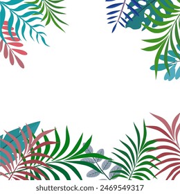 
Fun Hello Summer concept design, abstract illustration with jungle exotic leaves, colorful design, white background and summer banner.