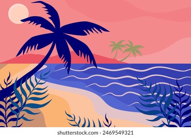 
Fun Hello Summer concept design, abstract illustration with jungle exotic leaves, colorful design, white background and summer banner.