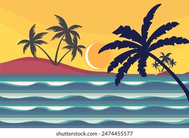 Fun Hello Summer concept design, abstract illustration with jungle exotic leaves, colorful design, white background and summer banner.