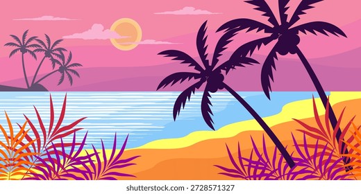 Diversión Hola Diseño de concepto de verano, ilustración abstracta con hojas exóticas de la selva, diseño colorido, fondo blanco y Anuncio de verano.
