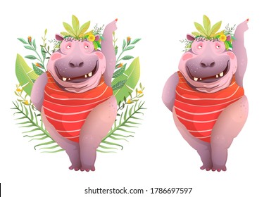 Fun hilarious Happy smiling Hippopotamus cartoon. Funny laughing lady hippo character with teeth posing in jungle greenery. Watrecolor style realistic vector print design.