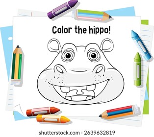 Fun hippo coloring page with crayons and pencils