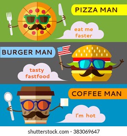  Fun hipster flat pizza, burger and coffee.  Set of flat design illustration concepts for fast food.Set of 3 horizontal fastfood web banners.Vector illustration. Cartoon hipster sunglasses face