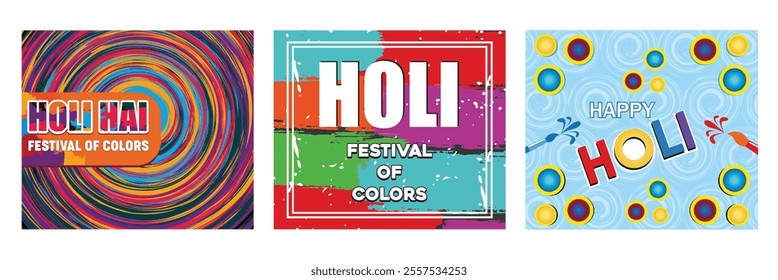 Fun Holi Festival. Color Greeting Card Design. Abstract Paint Splashes and Patterns. Set flat vector modern illustration 